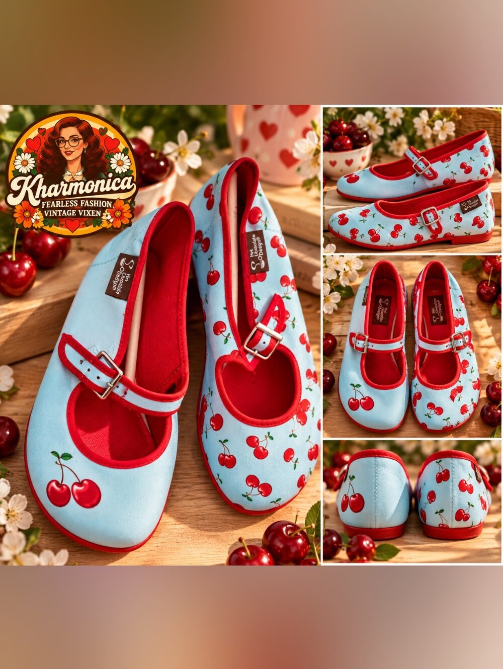 Women's Blue & Red Cherry Mary Jane Shoes